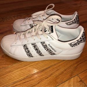 adidas Superstar White Sneakers with Black Floral Stripes